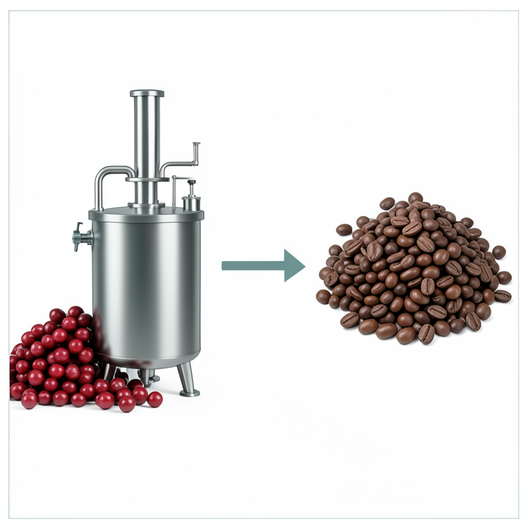 AI-generated conceptual illustration (stainless steel stirred-tank bioreactor and coffee cherries). It explains the idea and does not show study data.
