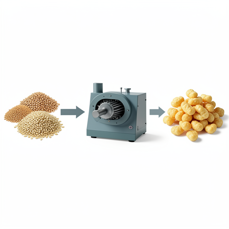 AI-generated conceptual illustration (pearl millet, sorghum, rice, and corn grains, a twin-screw extruder machine, and extruded snacks). It explains the idea and does not show study data.