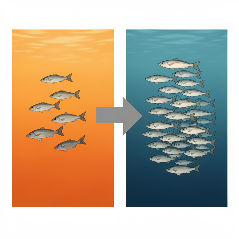 AI-generated conceptual illustration (Indian Mackerel (Rastrelliger kanagurta) in the ocean). It explains the idea and does not show study data.