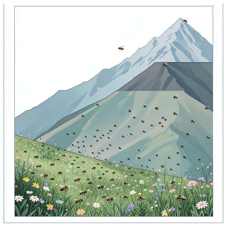 AI-generated conceptual illustration (hoverflies and bees in the central Himalayas). It explains the idea and does not show study data.