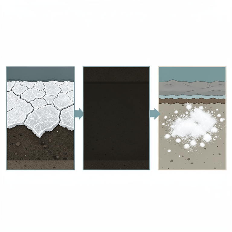 AI-generated conceptual illustration (salt-affected soil profile). It explains the idea and does not show study data.