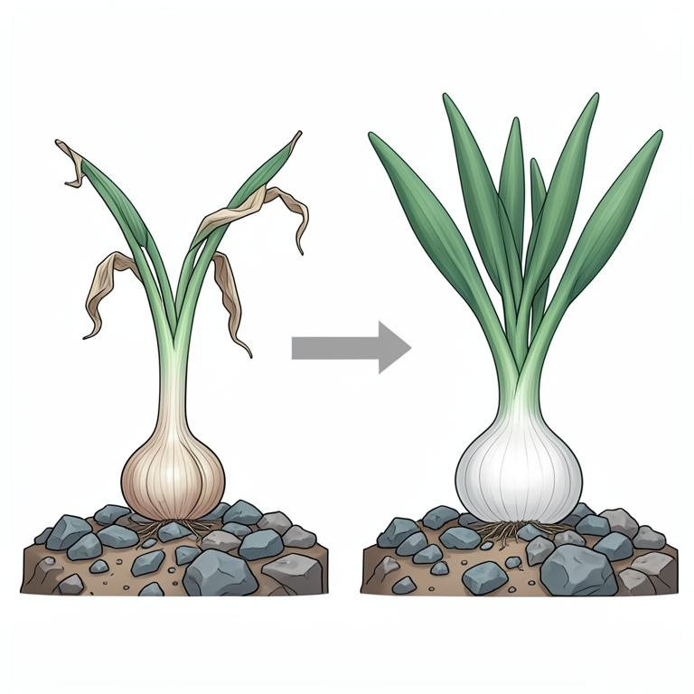 AI-generated conceptual illustration (garlic plants (Allium sativum) in rocky mountain soil). It explains the idea and does not show study data.