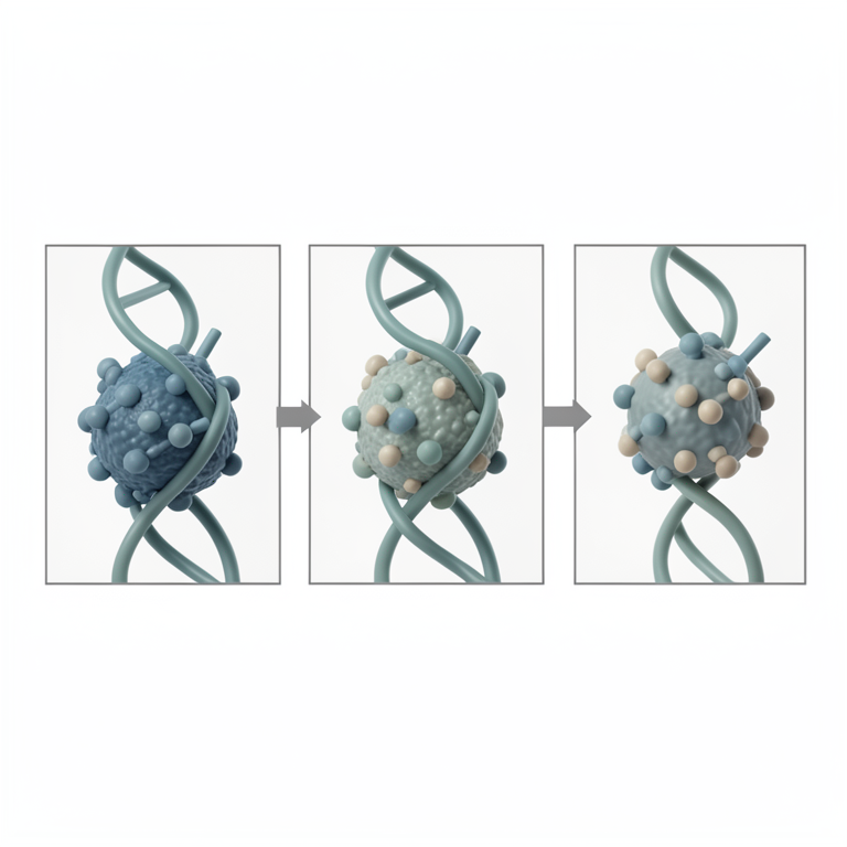 AI-generated conceptual illustration (Viral proteins (HPV E2, EBV EBNA-1, and HSV ICP0) and double-stranded DNA). It explains the idea and does not show study data.