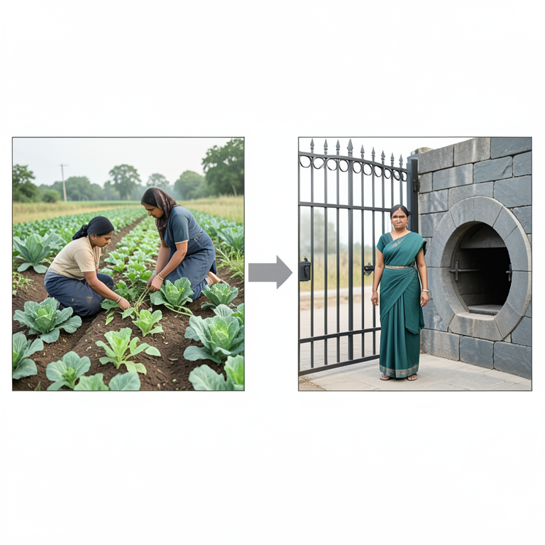AI-generated conceptual illustration (Rural Indian women in a farming village setting). It explains the idea and does not show study data.