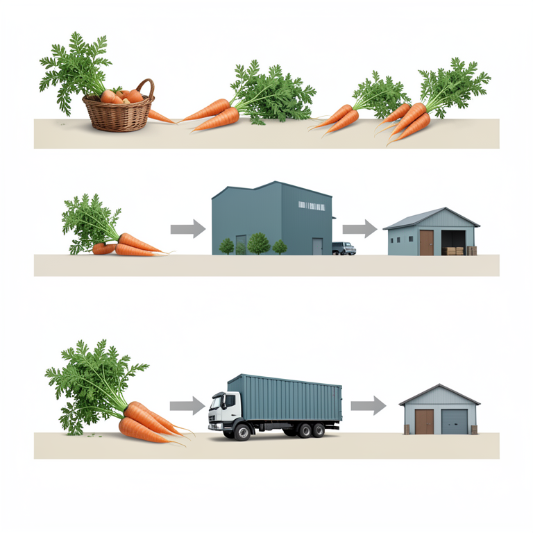 AI-generated conceptual illustration (carrots in a rural agricultural market setting). It explains the idea and does not show study data.