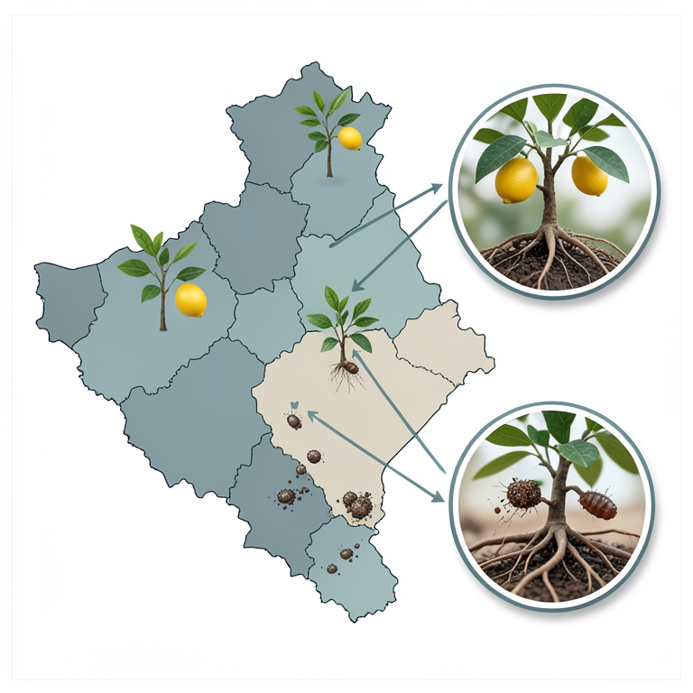 AI-generated conceptual illustration (Citrus plants and Tylenchulus semipenetrans nematodes in Haryana, India). It explains the idea and does not show study data.