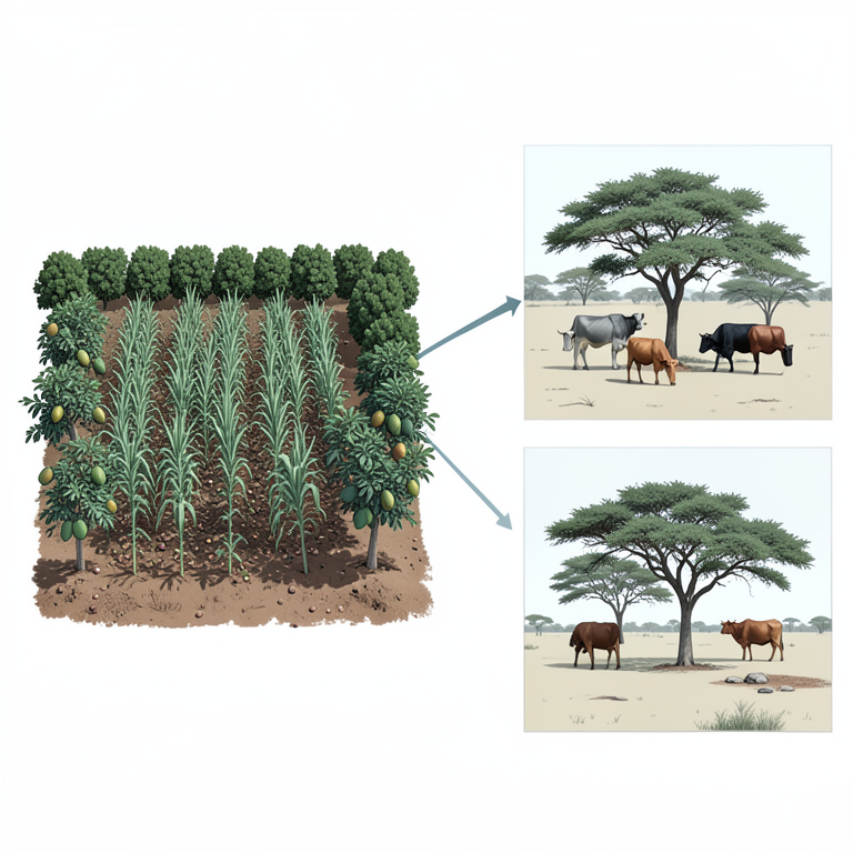 AI-generated conceptual illustration (Kenyan rural farmland with maize, beans, avocado trees, and livestock). It explains the idea and does not show study data.