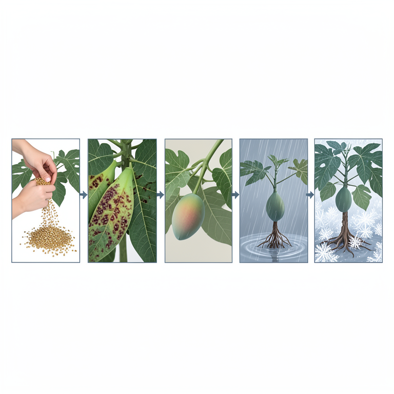 AI-generated conceptual illustration (Papaya plants in a field). It explains the idea and does not show study data.