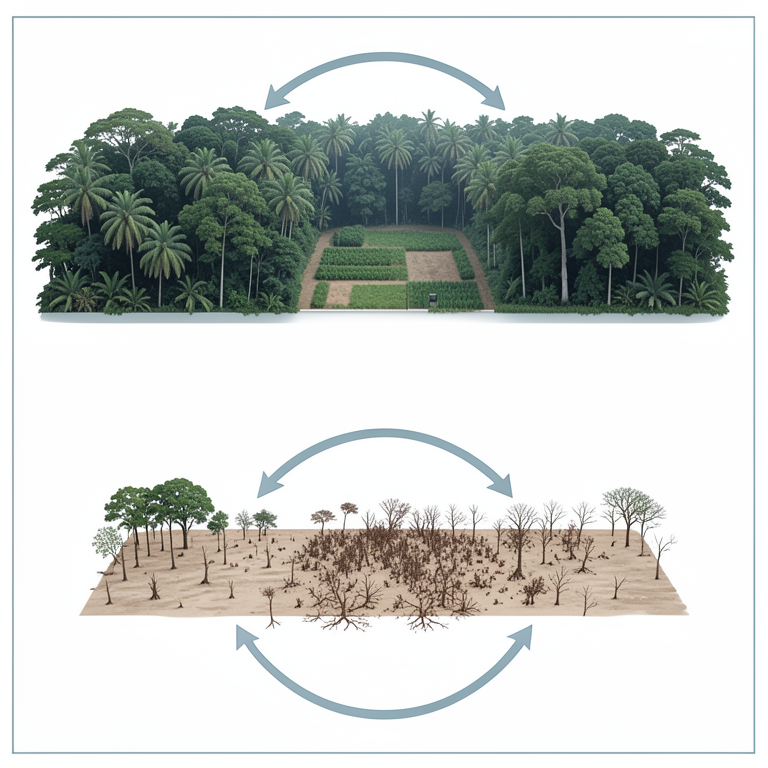 AI-generated conceptual illustration (Tropical forests and shifting cultivation plots in the Jamuna watershed, Assam). It explains the idea and does not show study data.