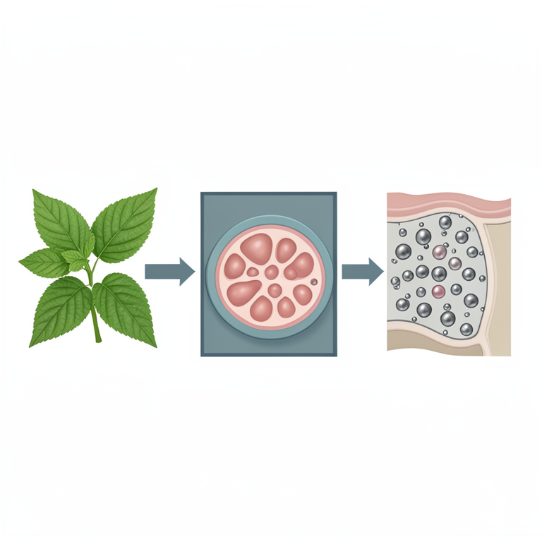 AI-generated conceptual illustration (Digera muricata leaves and Caco-2 intestinal cells). It explains the idea and does not show study data.