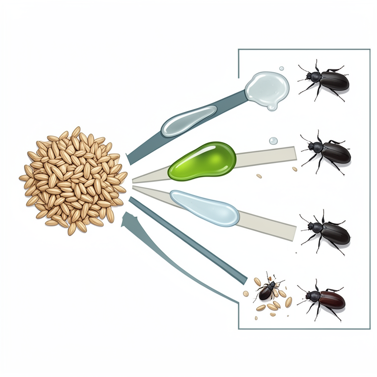 AI-generated conceptual illustration (wheat seeds and Rhyzopertha dominica beetles). It explains the idea and does not show study data.