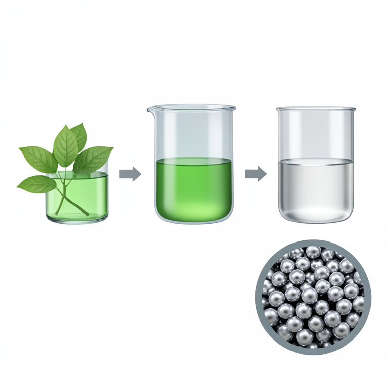 AI-generated conceptual illustration (green leaves, a glass beaker, and metallic nanoparticles). It explains the idea and does not show study data.