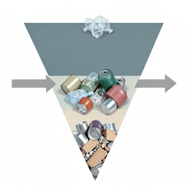 AI-generated conceptual illustration (household waste materials (plastic bottles, glass jars, aluminum cans, and cardboard boxes)). It explains the idea and does not show study data.