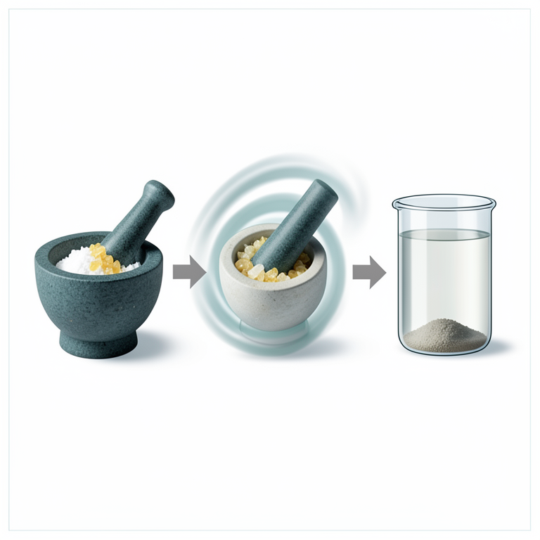 AI-generated conceptual illustration (A ceramic mortar and pestle containing chemical powders). It explains the idea and does not show study data.