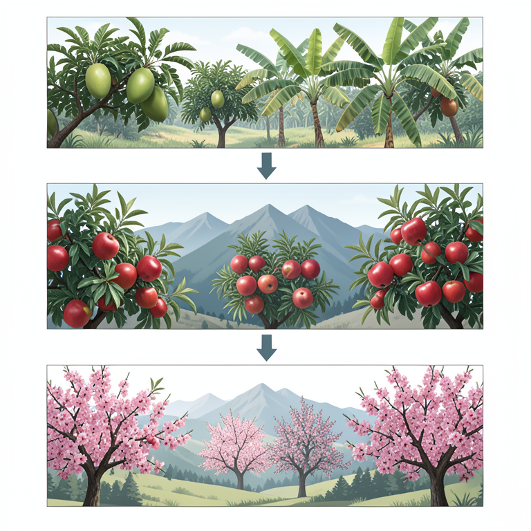 AI-generated conceptual illustration (Mangoes, bananas, apples, pomegranates, apricots, and cherries across three distinct Indian landscapes). It explains the idea and does not show study data.