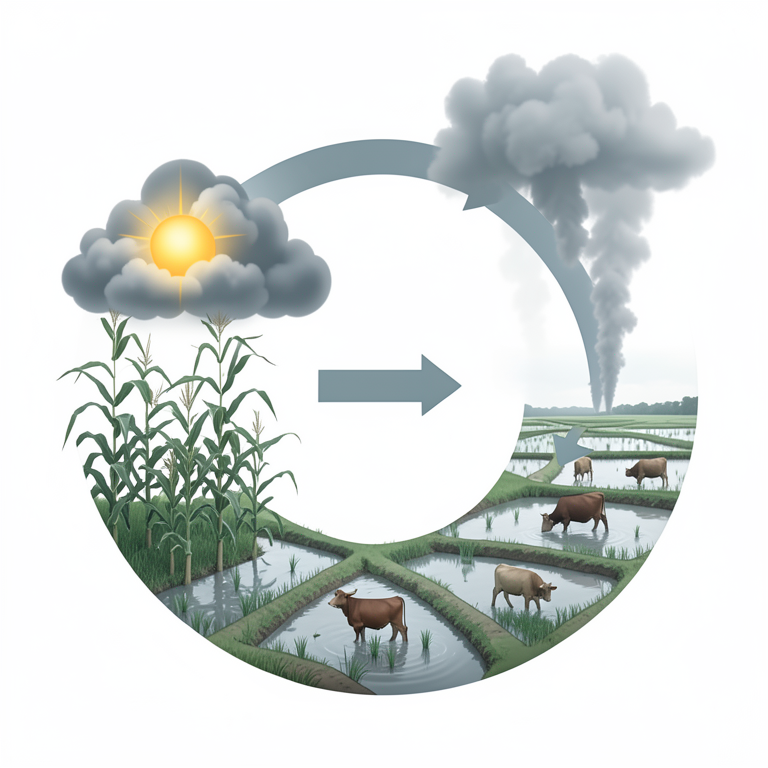 AI-generated conceptual illustration (maize plants, cattle, and rice paddies). It explains the idea and does not show study data.