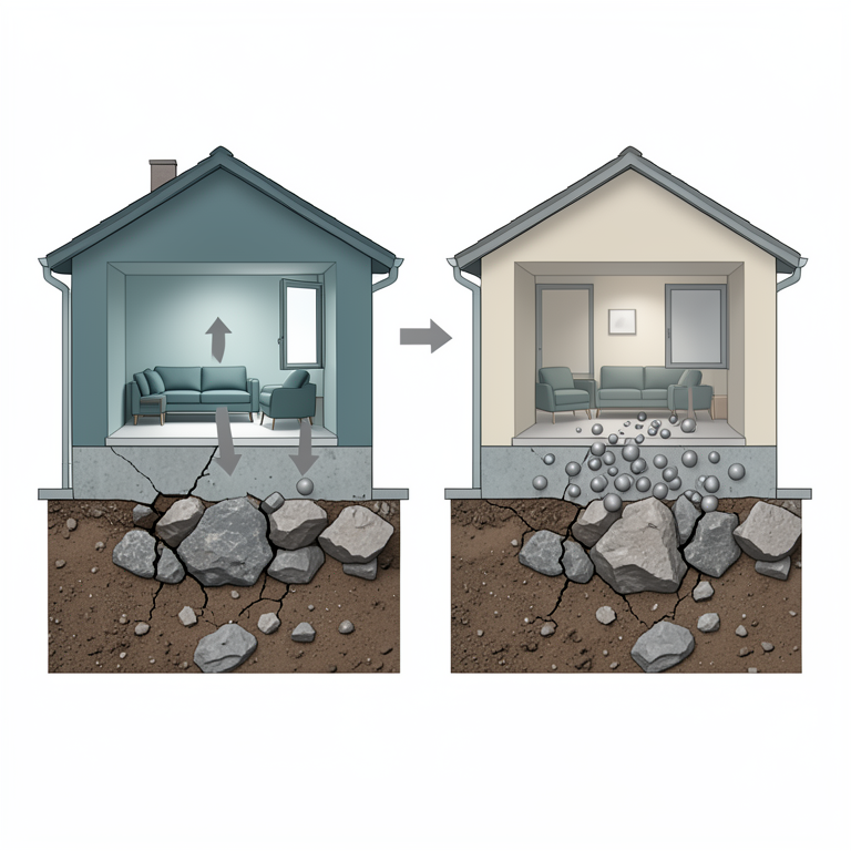 AI-generated conceptual illustration (a residential house with a concrete foundation and soil beneath). It explains the idea and does not show study data.