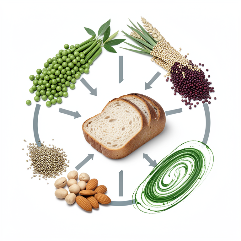 AI-generated conceptual illustration (wheat bread loaves and plant-based protein sources). It explains the idea and does not show study data.