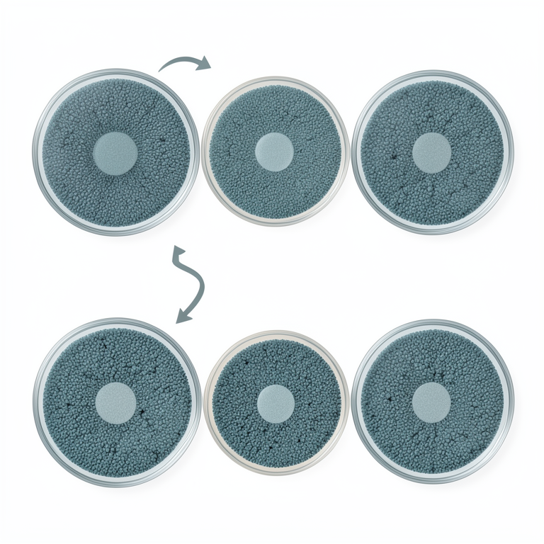 AI-generated conceptual illustration (Petri dishes with bacterial lawns and copper oxide nanoparticle disks). It explains the idea and does not show study data.