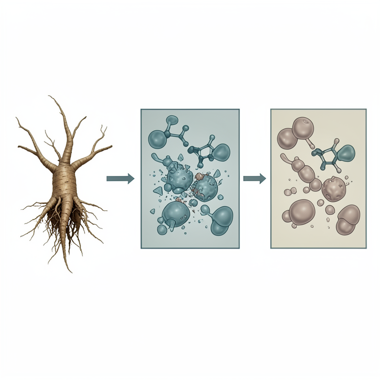 AI-generated conceptual illustration (Withania somnifera root extract and cancer cell lines). It explains the idea and does not show study data.