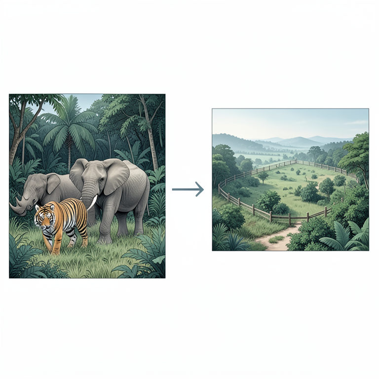 AI-generated conceptual illustration (Indian wildlife including Bengal tigers, Asian elephants, and Indian rhinoceroses within diverse natural habitats). It explains the idea and does not show study data.