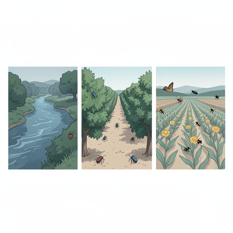 AI-generated conceptual illustration (Insects in a landscape featuring a river, a fruit orchard, and an agricultural field). It explains the idea and does not show study data.