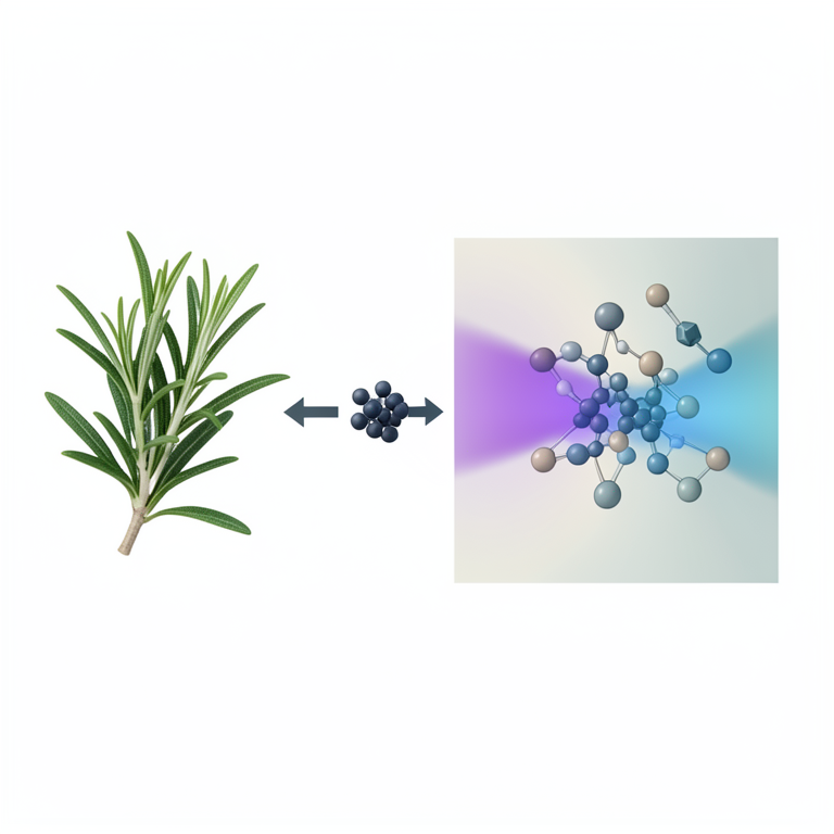 AI-generated conceptual illustration (Rosemary leaves, cobalt oxide nanoparticles, and metoclopramide hydrochloride molecules). It explains the idea and does not show study data.