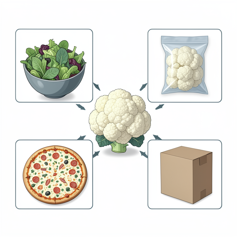 AI-generated conceptual illustration (cauliflower products). It explains the idea and does not show study data.
