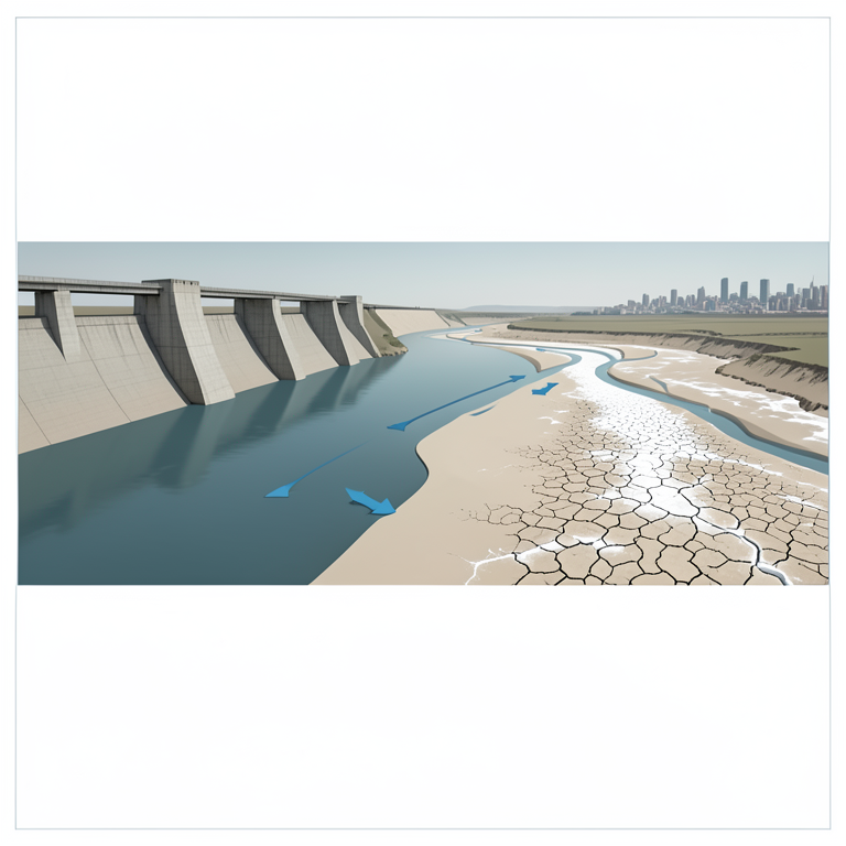 AI-generated conceptual illustration (The Euphrates River basin flowing through an arid landscape). It explains the idea and does not show study data.