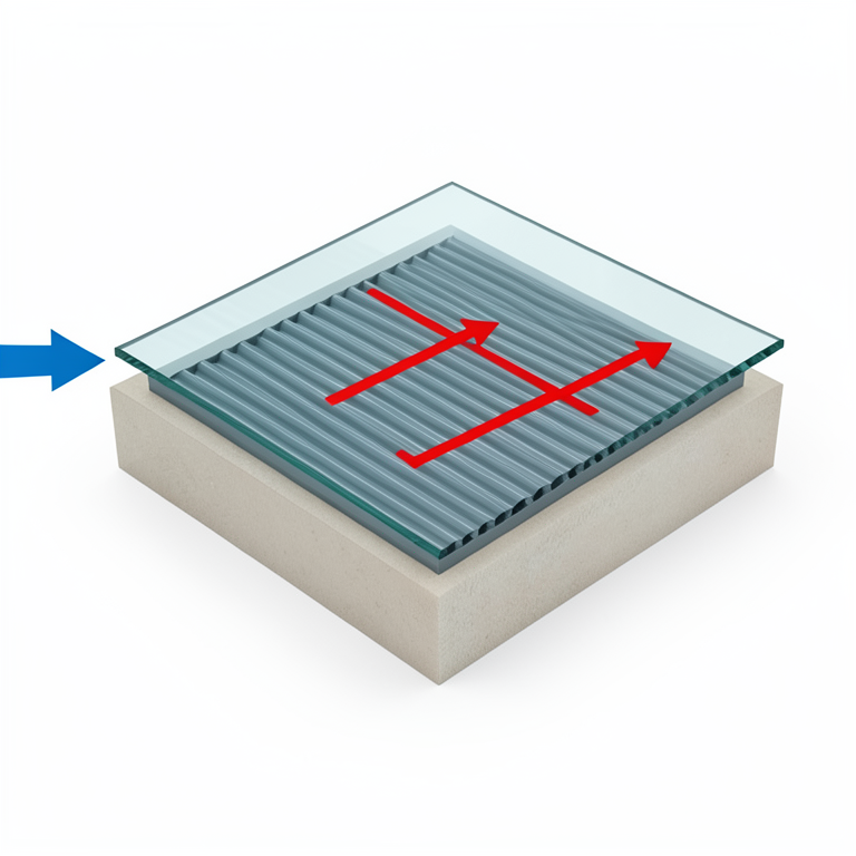AI-generated conceptual illustration (Solar air collector with a trapezoidal corrugated absorber plate). It explains the idea and does not show study data.