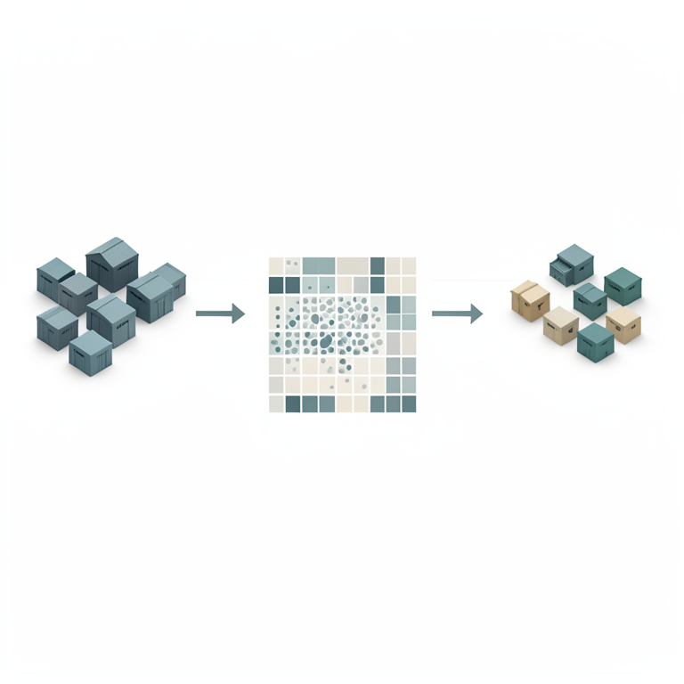 AI-generated conceptual illustration (A logistics network of warehouses and delivery destinations). It explains the idea and does not show study data.