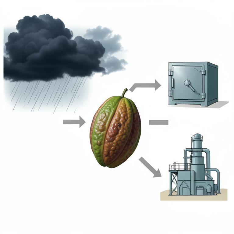 AI-generated conceptual illustration (Cocoa pods and beans in a farm setting). It explains the idea and does not show study data.