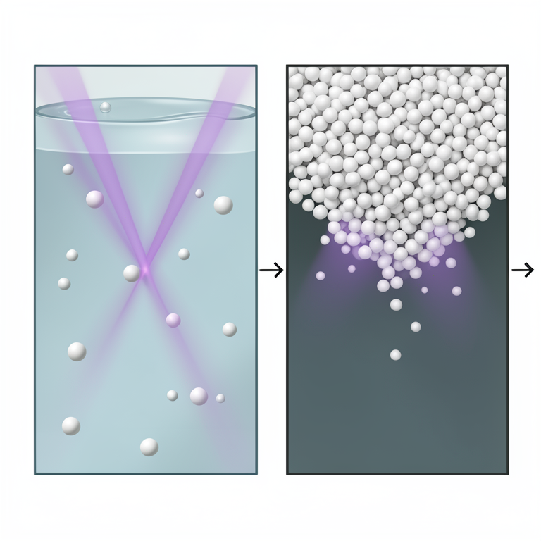 AI-generated conceptual illustration (Titanium dioxide nanoparticles in an aqueous solution under UV light). It explains the idea and does not show study data.