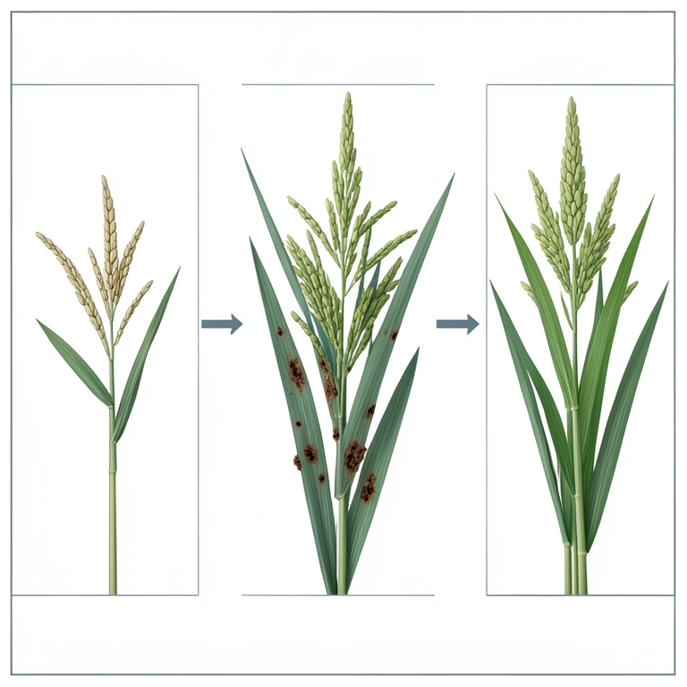 AI-generated conceptual illustration (Rice plants (Oryza sativa) in a field setting). It explains the idea and does not show study data.