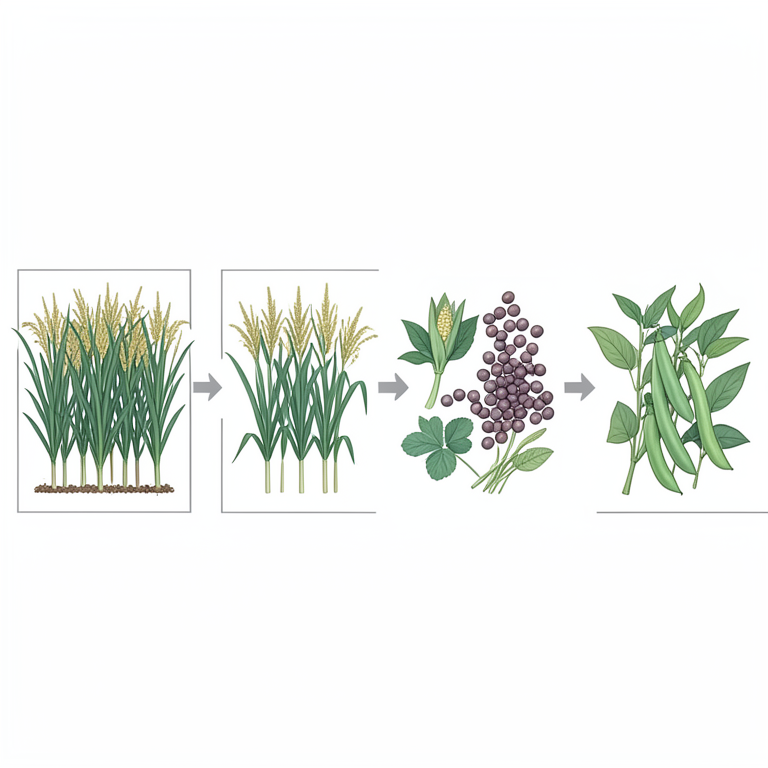 AI-generated conceptual illustration (Rice plants, maize, mungbeans, yard-long beans, and sesame plants in agricultural plots). It explains the idea and does not show study data.