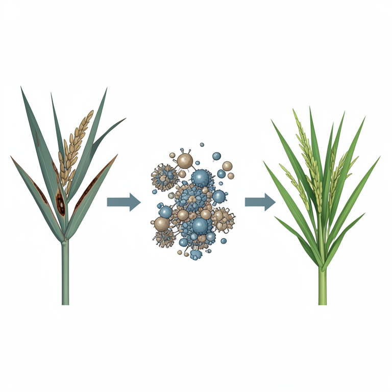 AI-generated conceptual illustration (rice plants (Oryza sativa) with sheath blight lesions). It explains the idea and does not show study data.