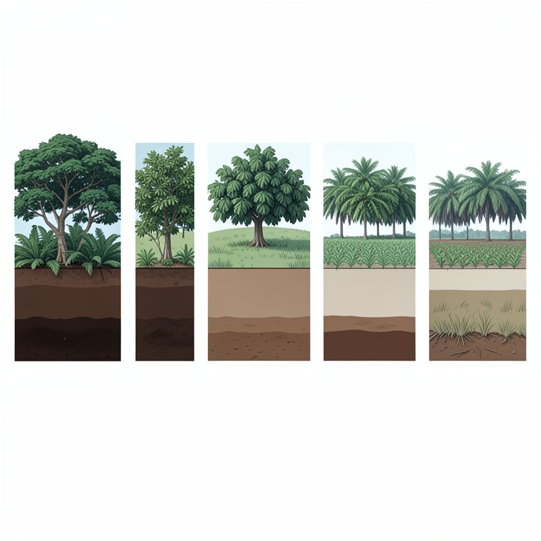 AI-generated conceptual illustration (Tropical highland soil profiles under different land use systems). It explains the idea and does not show study data.