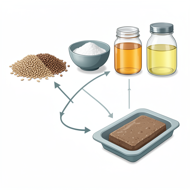 AI-generated conceptual illustration (Indigenous grains (millet, sorghum, buckwheat), soy protein isolate, honey, and coconut oil). It explains the idea and does not show study data.