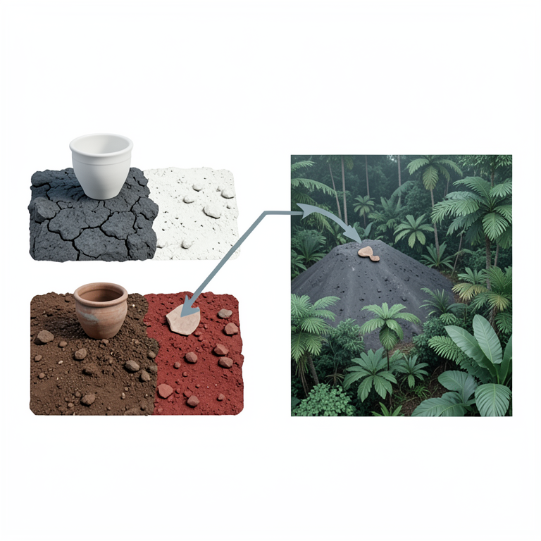 AI-generated conceptual illustration (Mayan archaeological ceramics and lowland rainforest geography). It explains the idea and does not show study data.