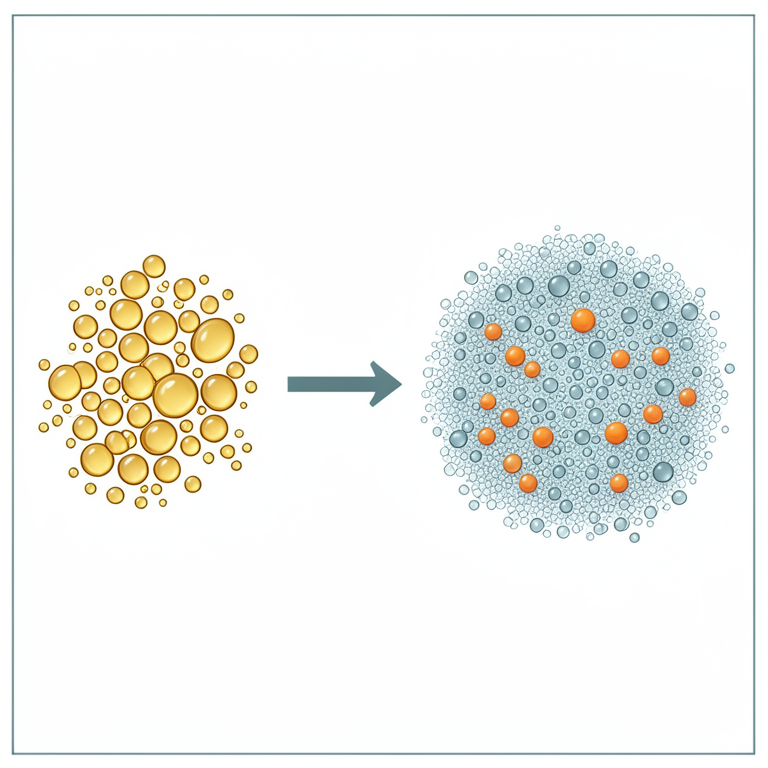 AI-generated conceptual illustration (Curcumin molecules within a nanoemulsion of oil and surfactants in an aqueous environment). It explains the idea and does not show study data.