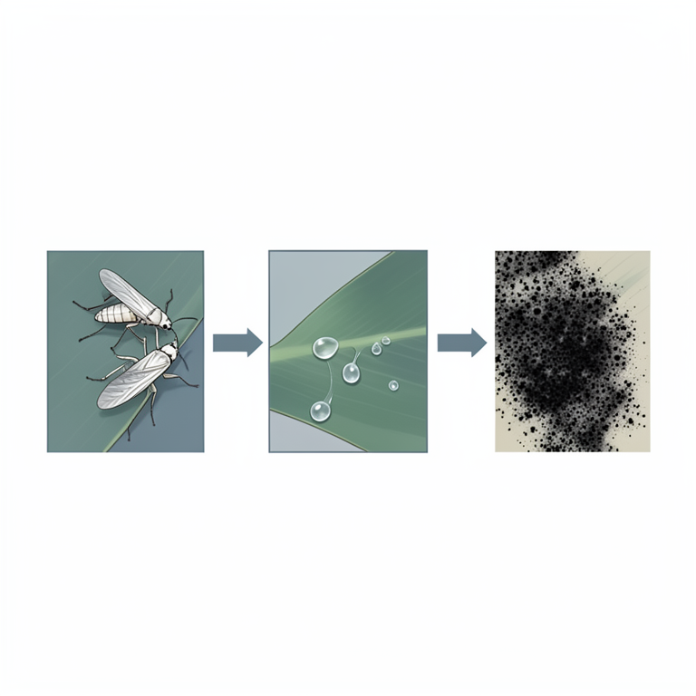AI-generated conceptual illustration (oil palm leaves and rugose spiralling whiteflies). It explains the idea and does not show study data.