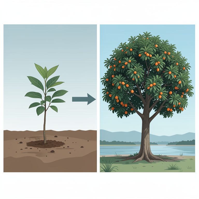 AI-generated conceptual illustration (Sapodilla trees in a Niger River floodplain orchard). It explains the idea and does not show study data.