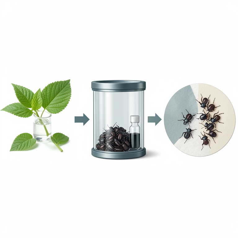 AI-generated conceptual illustration (Mitracarpus villosus plants and stored product beetles). It explains the idea and does not show study data.