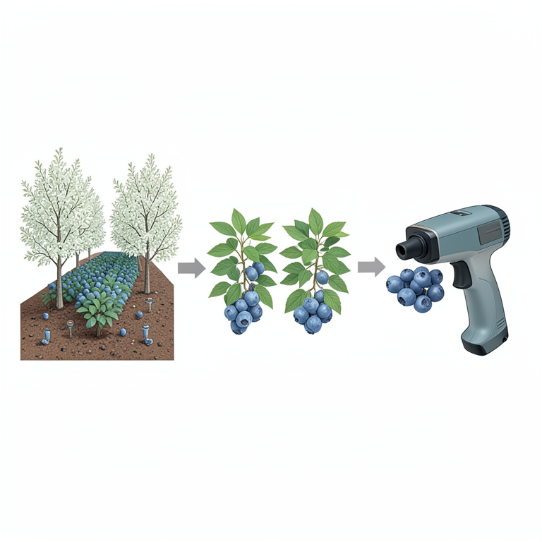 AI-generated conceptual illustration (Blueberry plants and white willow trees in contaminated soil). It explains the idea and does not show study data.