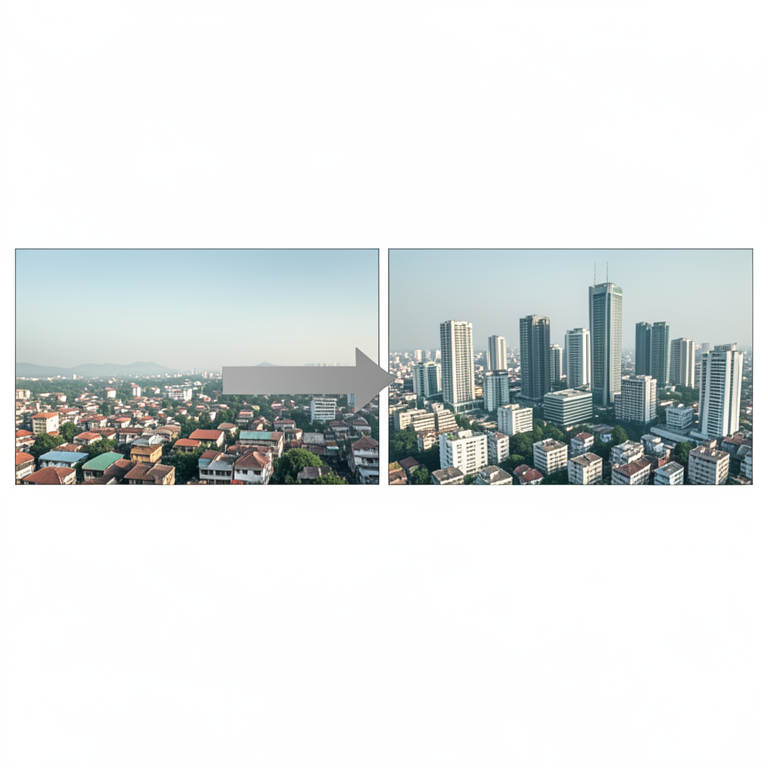 AI-generated conceptual illustration (Urban landscapes of Chandernagore and Hooghly-Chinsurah cities in West Bengal). It explains the idea and does not show study data.
