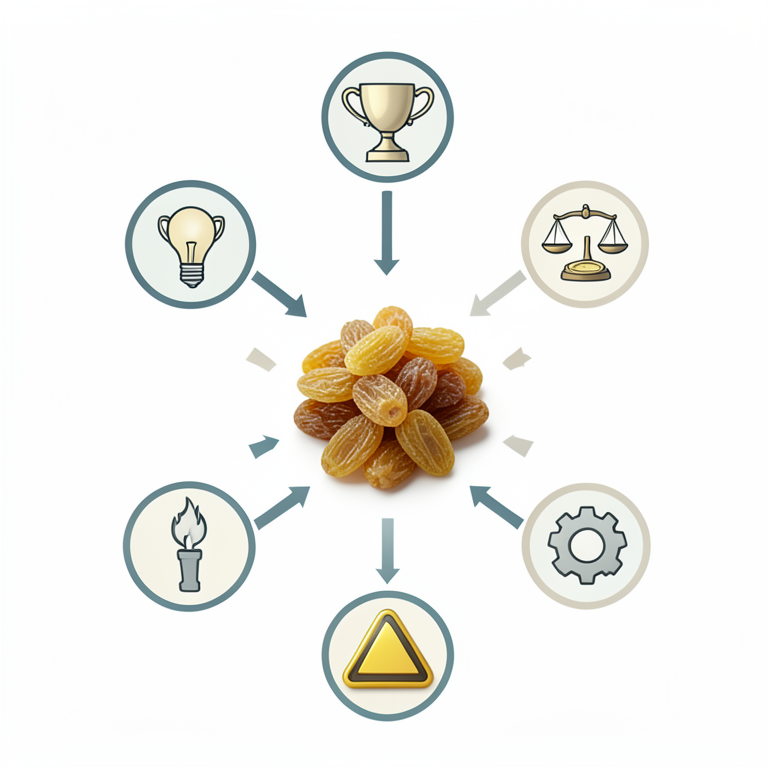 AI-generated conceptual illustration (Dried grape raisins and grapevines in a vineyard setting). It explains the idea and does not show study data.
