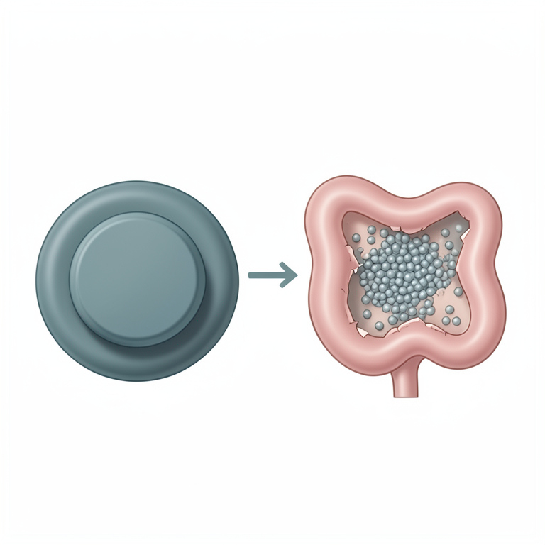 AI-generated conceptual illustration (esomeprazole magnesium enteric coated tablet in the human digestive tract). It explains the idea and does not show study data.
