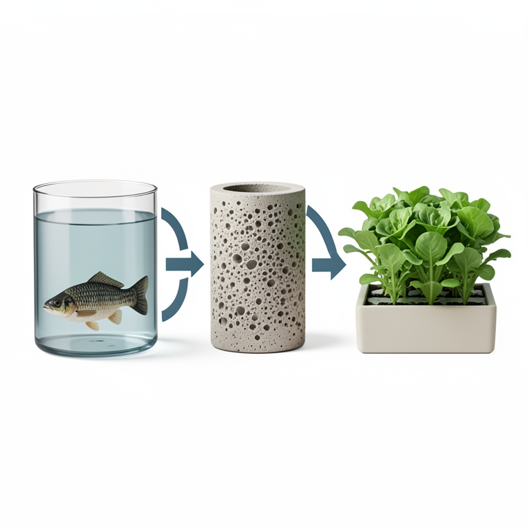 AI-generated conceptual illustration (Tilapia fish, lettuce plants, and a biofilter system). It explains the idea and does not show study data.