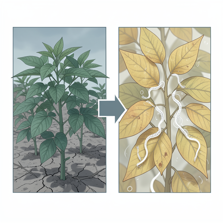 AI-generated conceptual illustration (groundnut plants and leaf miner larvae). It explains the idea and does not show study data.