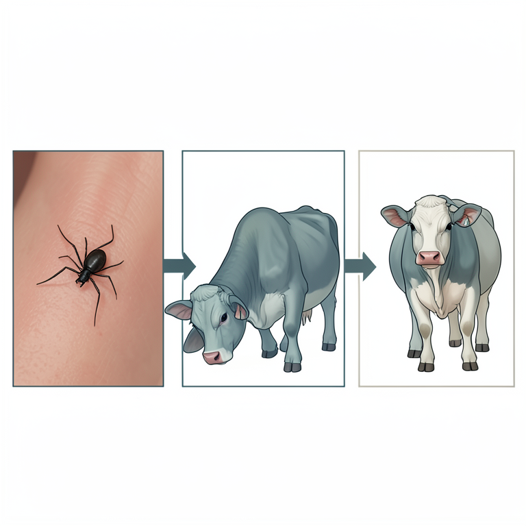 AI-generated conceptual illustration (Deoni calves and ticks). It explains the idea and does not show study data.